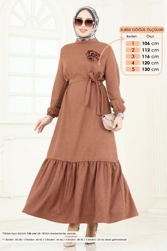 moda selvim Gül Detaylı Elbise 801OZN1046 Açık Kahve - Thumbnail