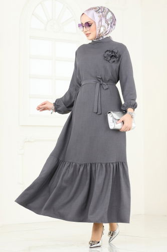 moda selvim Gül Detaylı Elbise 801OZN1046 Antrasit - Thumbnail