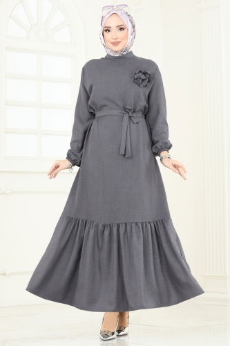 moda selvim Gül Detaylı Elbise 801OZN1046 Antrasit - Thumbnail