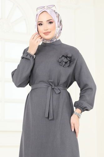moda selvim Gül Detaylı Elbise 801OZN1046 Antrasit - Thumbnail