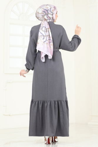 moda selvim Gül Detaylı Elbise 801OZN1046 Antrasit - Thumbnail