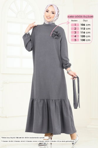 moda selvim Gül Detaylı Elbise 801OZN1046 Antrasit - Thumbnail