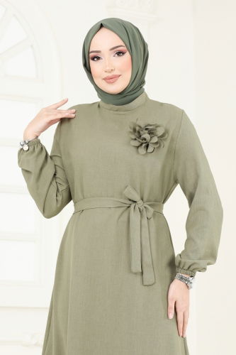 moda selvim Gül Detaylı Elbise 801OZN1046 Çağla - Thumbnail