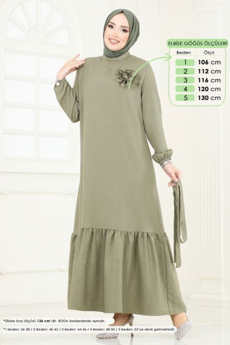 moda selvim Gül Detaylı Elbise 801OZN1046 Çağla - Thumbnail