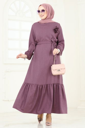 moda selvim Gül Detaylı Elbise 801OZN1046 Koyu Lila - Thumbnail