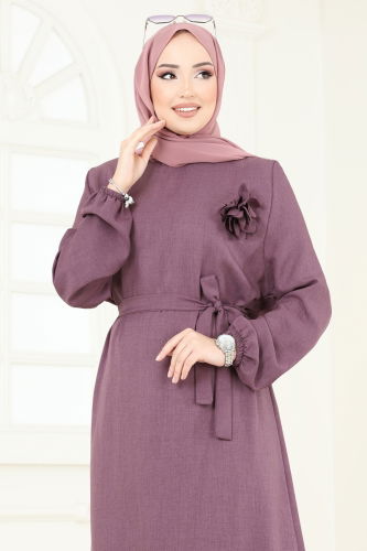 moda selvim Gül Detaylı Elbise 801OZN1046 Koyu Lila - Thumbnail