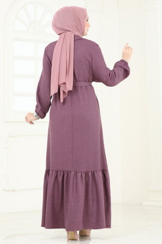 moda selvim Gül Detaylı Elbise 801OZN1046 Koyu Lila - Thumbnail