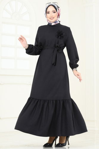 moda selvim Gül Detaylı Elbise 801OZN1046 Siyah - Thumbnail