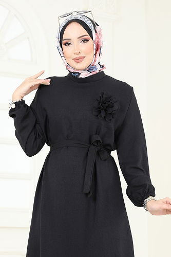 moda selvim Gül Detaylı Elbise 801OZN1046 Siyah - Thumbnail