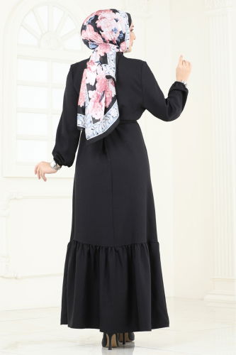moda selvim Gül Detaylı Elbise 801OZN1046 Siyah - Thumbnail