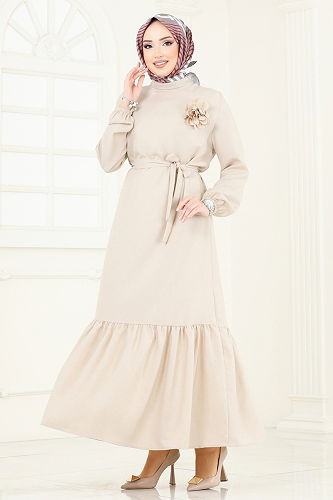 moda selvim Gül Detaylı Elbise 801OZN1046 Taş - Thumbnail