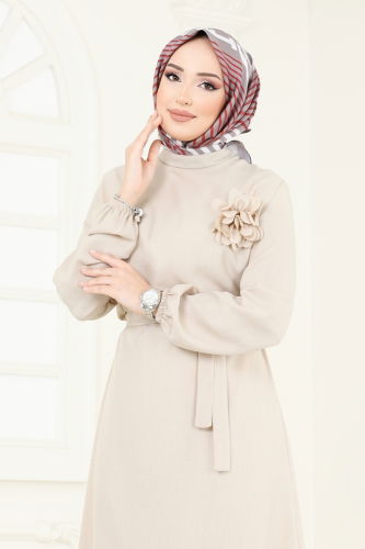 moda selvim Gül Detaylı Elbise 801OZN1046 Taş - Thumbnail
