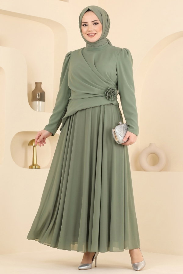 Modaselvim ABİYE Gül Detaylı Şifon Abiye 5699DMNK1166 Haki