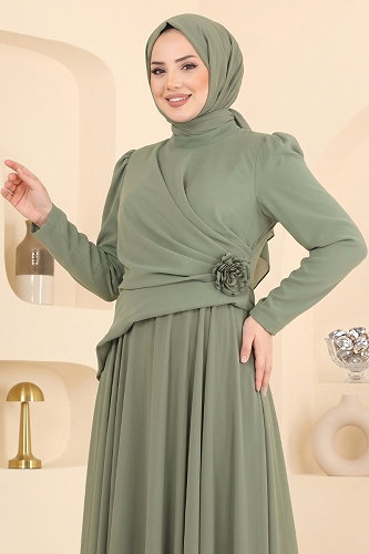 moda selvim Gül Detaylı Şifon Abiye 5699DMNK1166 Haki - Thumbnail