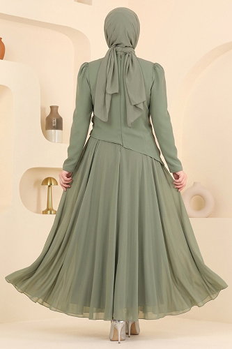 moda selvim Gül Detaylı Şifon Abiye 5699DMNK1166 Haki - Thumbnail