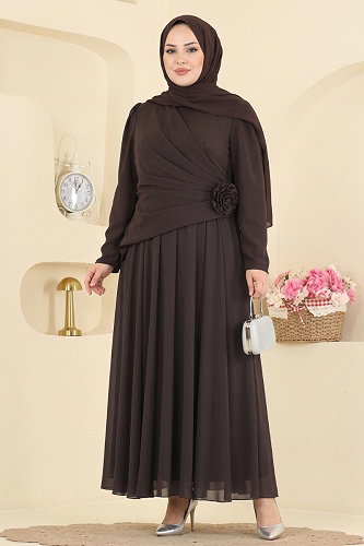 moda selvim Gül Detaylı Şifon Abiye 5699DMNK1166 Kahve - Thumbnail