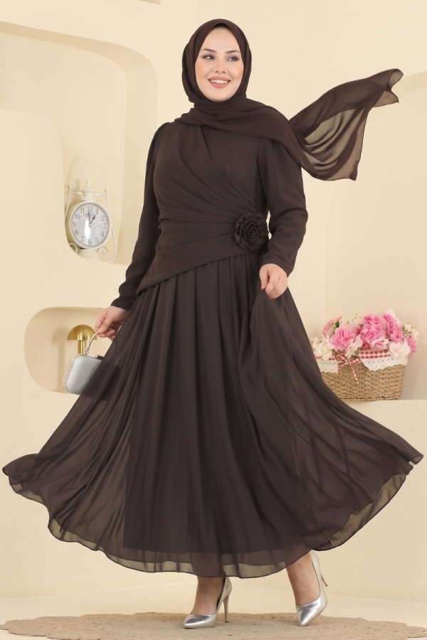 Modaselvim ABİYE Gül Detaylı Şifon Abiye 5699DMNK1166 Kahve