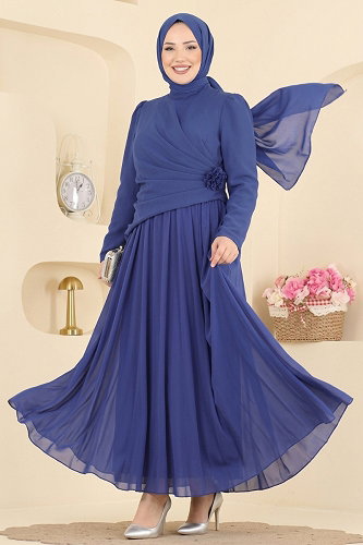 moda selvim Gül Detaylı Şifon Abiye 5699DMNK1166 Saks - Thumbnail