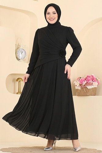 moda selvim Gül Detaylı Şifon Abiye 5699DMNK1166 Siyah - Thumbnail