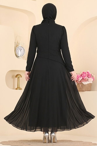 moda selvim Gül Detaylı Şifon Abiye 5699DMNK1166 Siyah - Thumbnail