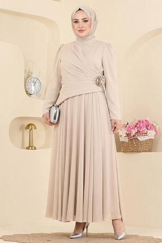 moda selvim Gül Detaylı Şifon Abiye 5699DMNK1166 Taş - Thumbnail