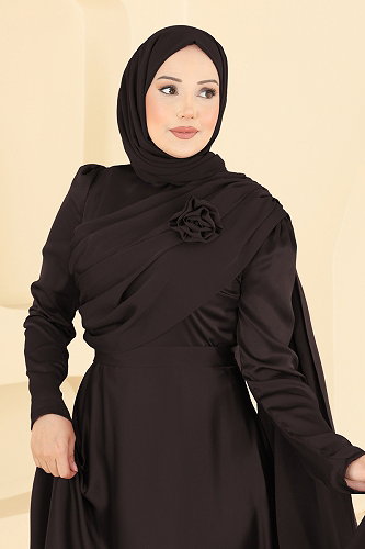 moda selvim Gül Detaylı Şık Abiye 5825EDFK1198 Acı Kahve - Thumbnail