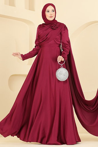 moda selvim Gül Detaylı Şık Abiye 5825EDFK1198 Bordo - Thumbnail
