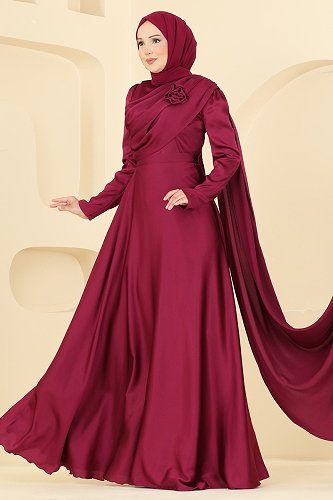 moda selvim Gül Detaylı Şık Abiye 5825EDFK1198 Bordo - Thumbnail