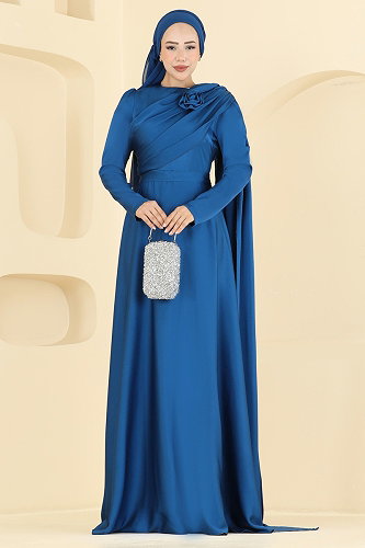 moda selvim Gül Detaylı Şık Abiye 5825EDFK1198 İndigo - Thumbnail