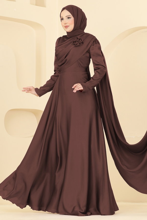 Modaselvim ABİYE Gül Detaylı Şık Abiye 5825EDFK1198 Kahve