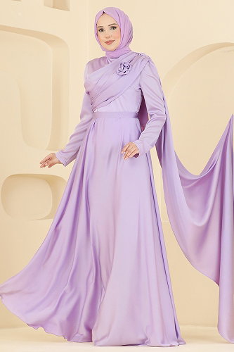 moda selvim Gül Detaylı Şık Abiye 5825EDFK1198 Lila - Thumbnail