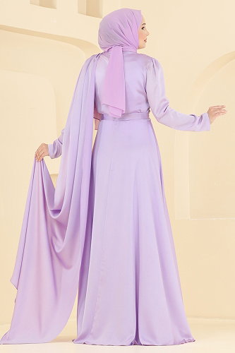 moda selvim Gül Detaylı Şık Abiye 5825EDFK1198 Lila - Thumbnail