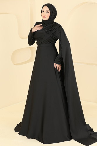 moda selvim Gül Detaylı Şık Abiye 5825EDFK1198 Siyah - Thumbnail