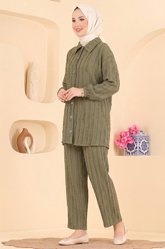 moda selvim Gümüş Düğme Detaylı 2 li Takım 162NZRK1200 Haki - Thumbnail