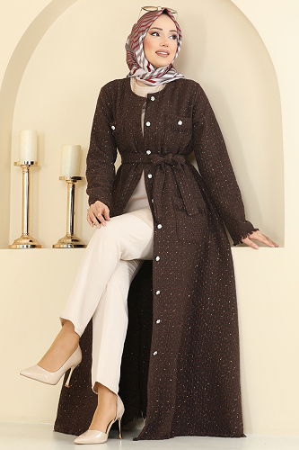 moda selvim Gümüş Düğmeli Tüvit Elbise 2761SL432 Kahve - Thumbnail