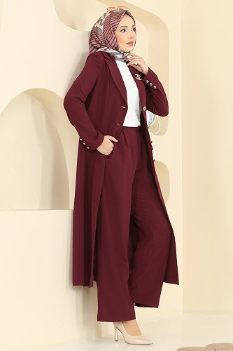 moda selvim Gümüş Düğmeli Uzun Takım 8291AB368 Bordo - Thumbnail