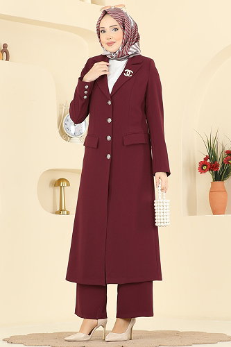 moda selvim Gümüş Düğmeli Uzun Takım 8291AB368 Bordo - Thumbnail