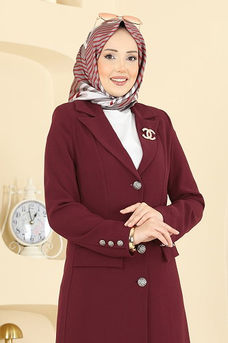 moda selvim Gümüş Düğmeli Uzun Takım 8291AB368 Bordo - Thumbnail