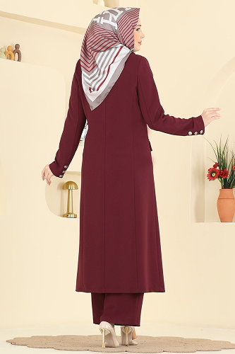 moda selvim Gümüş Düğmeli Uzun Takım 8291AB368 Bordo - Thumbnail