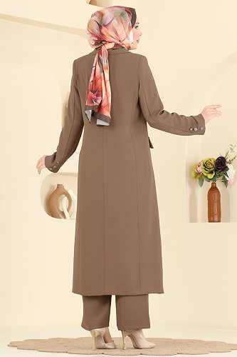 moda selvim Gümüş Düğmeli Uzun Takım 8291AB368 Camel - Thumbnail