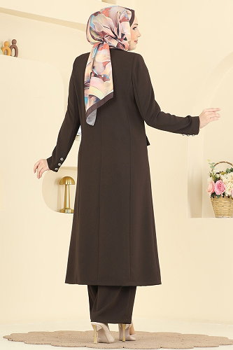moda selvim Gümüş Düğmeli Uzun Takım 8291AB368 Kahve - Thumbnail