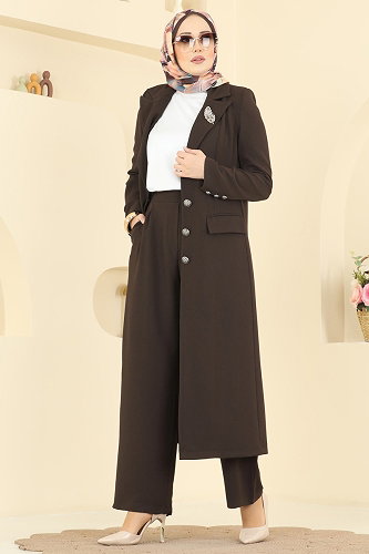 moda selvim Gümüş Düğmeli Uzun Takım 8291AB368 Kahve - Thumbnail