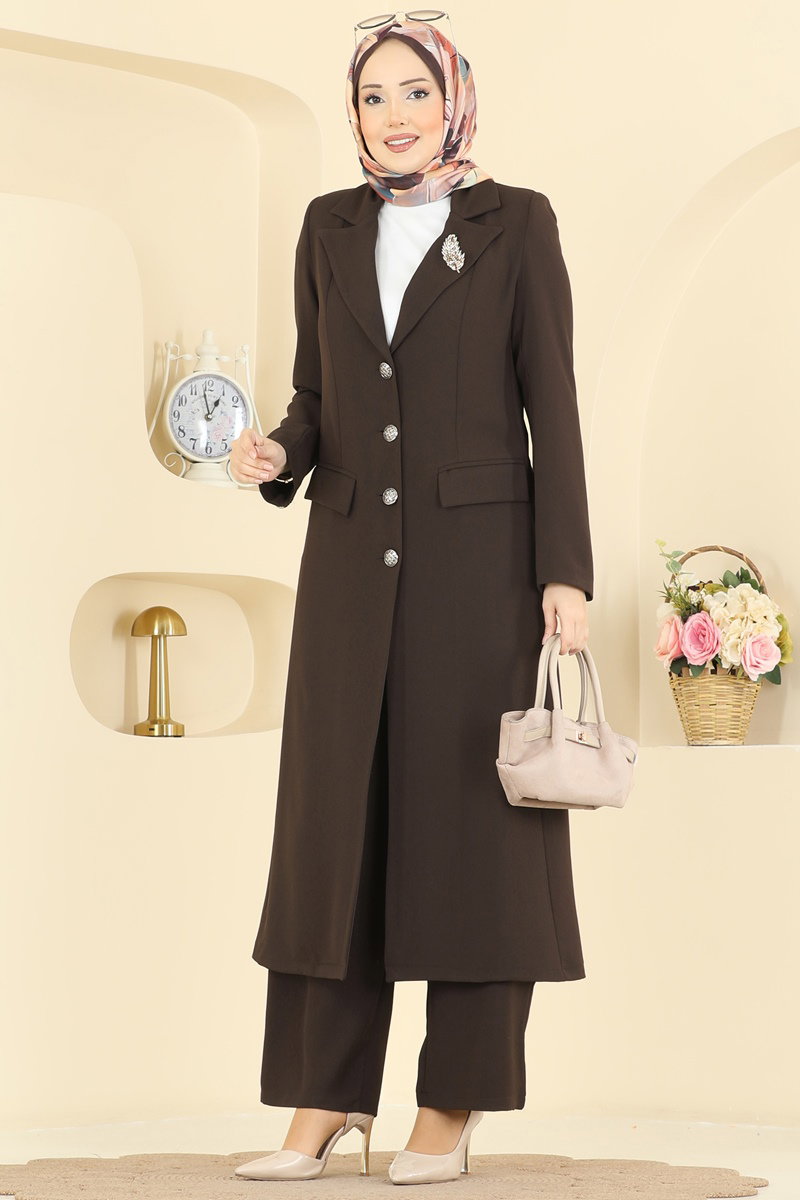 Gümüş Düğmeli Uzun Takım 8291AB368 Kahve