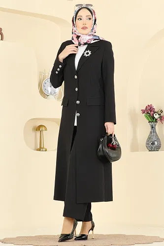 moda selvim Gümüş Düğmeli Uzun Takım 8291AB368 Siyah - Thumbnail
