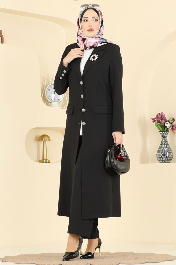 Modaselvim Kombin Gümüş Düğmeli Uzun Takım 8291AB368 Siyah