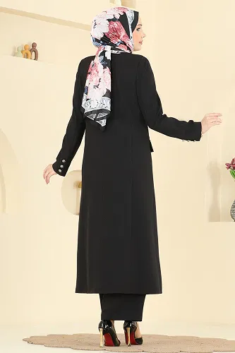 moda selvim Gümüş Düğmeli Uzun Takım 8291AB368 Siyah - Thumbnail