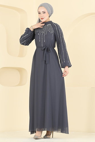 moda selvim Gümüş Taşlı Şifon Abiye 5818EDFK1198 Antrasit - Thumbnail