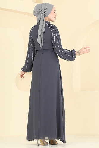 moda selvim Gümüş Taşlı Şifon Abiye 5818EDFK1198 Antrasit - Thumbnail