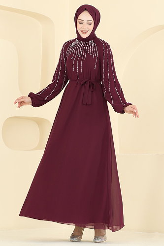 moda selvim Gümüş Taşlı Şifon Abiye 5818EDFK1198 Bordo - Thumbnail