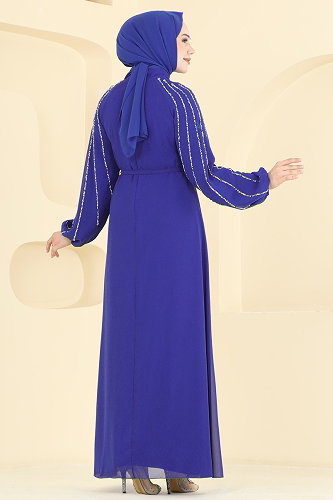 moda selvim Gümüş Taşlı Şifon Abiye 5818EDFK1198 Saks - Thumbnail